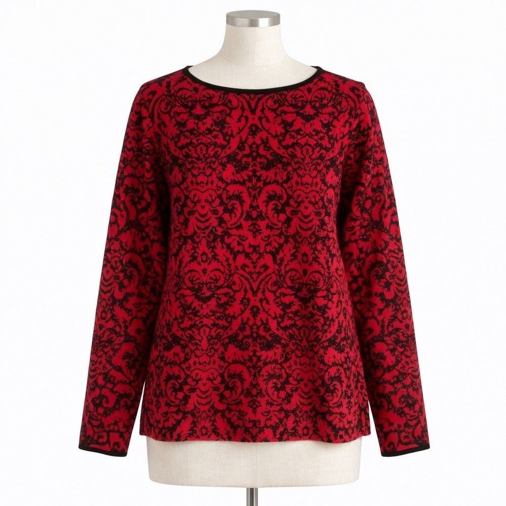 J. Jill Pullover Sweater Large‎ L Red Damask Print Bling Holiday Party Brocade